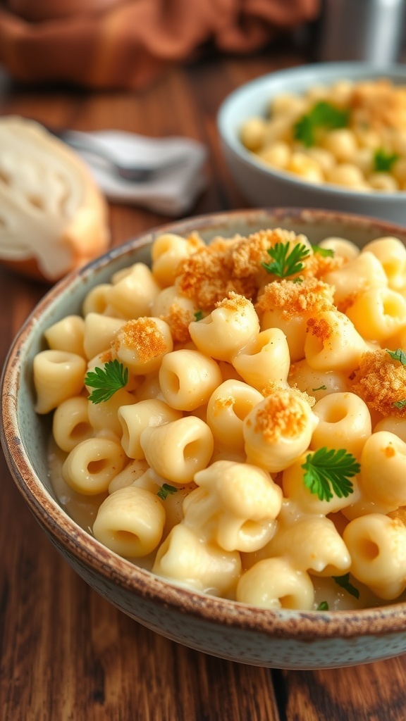 A bowl of creamy cauliflower mac and cheese with breadcrumbs and parsley on a wooden table.